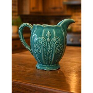 Vintage Green Embossed Fleur-de-lis Plumes Pitcher PM08 D